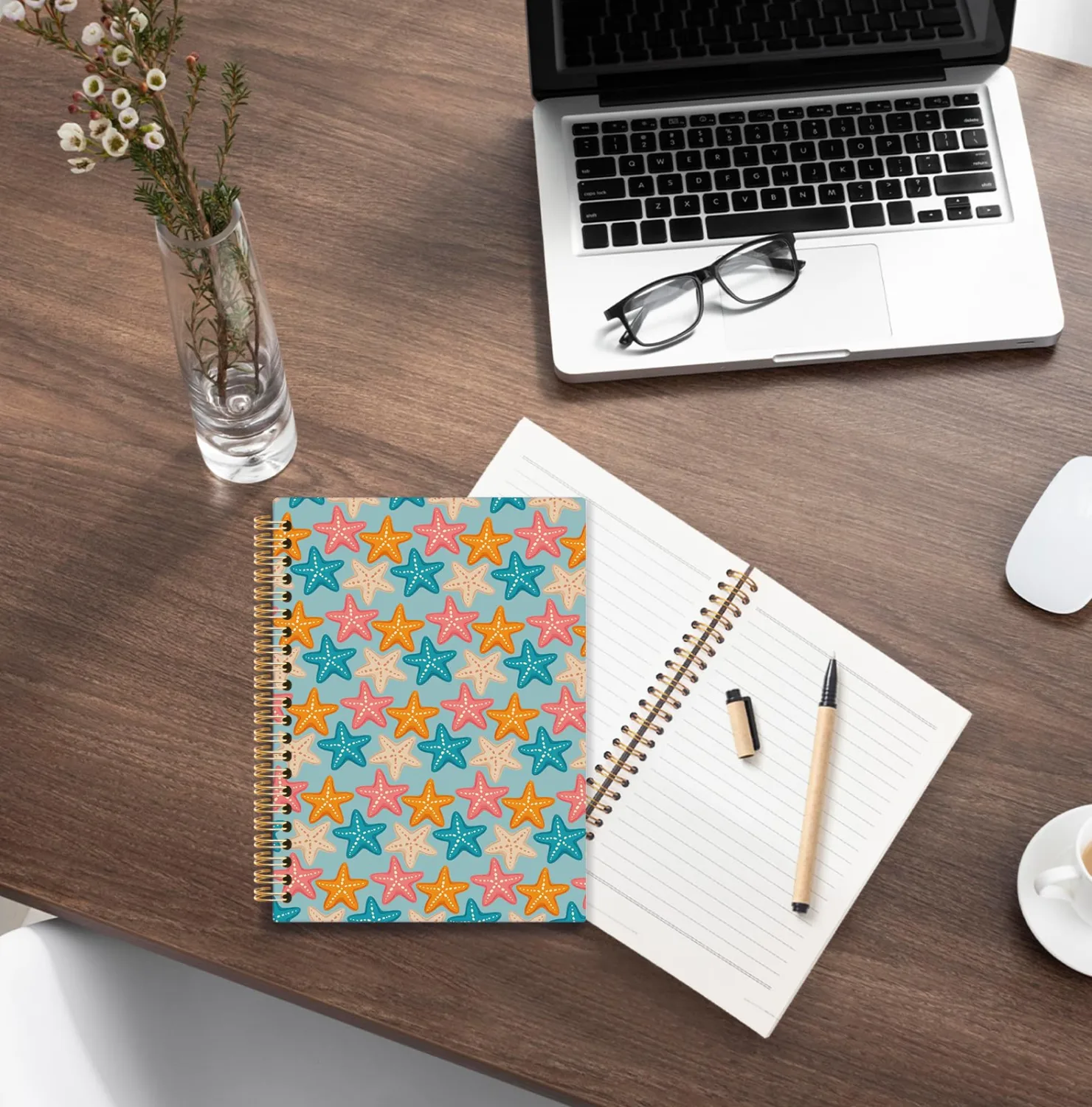 Coastal Starfish Spiral Notebook, Beach Sea Star Journals for Writing, Ocean Nautical Notebooks for Note Taking, Cute Beachy Office Supplies, 5.5x8.3 Inch