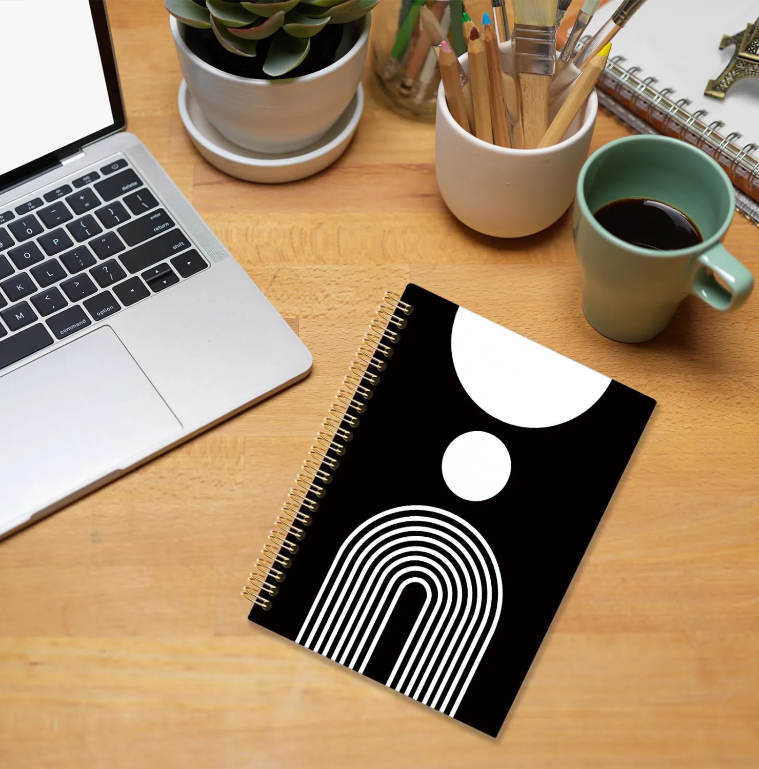 Abstract Boho Sun Rainbow Spiral Notebook, Minimalist Black and White Journals for Writing, Neutral Mid Century Modern Art Notebooks for Note Taking, Boho Office Supplies, 5.5x8.3 Inch