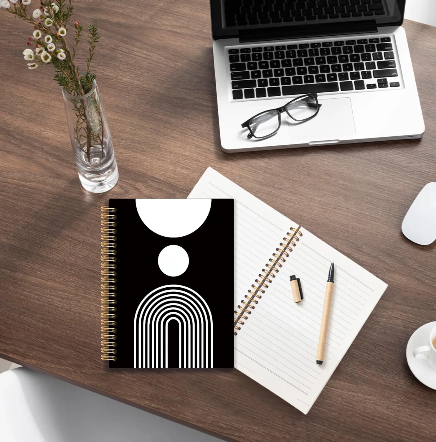Abstract Boho Sun Rainbow Spiral Notebook, Minimalist Black and White Journals for Writing, Neutral Mid Century Modern Art Notebooks for Note Taking, Boho Office Supplies, 5.5x8.3 Inch