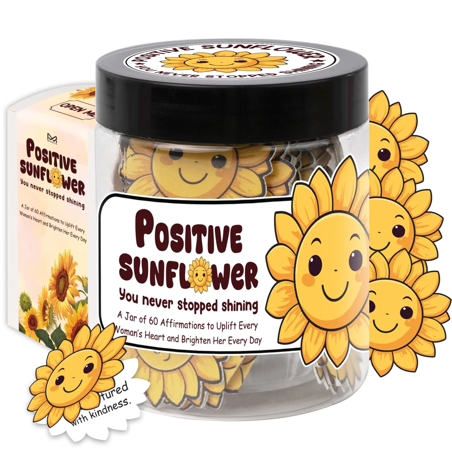 Positive Sunflower Jar, 60 Affirmation Cards for Women, Spiritual Gifts for Women, Wife, Mom, Friends, Sunflower Gift, Inspirational Gifts for Coworker, Boss, Relaxation Gifts