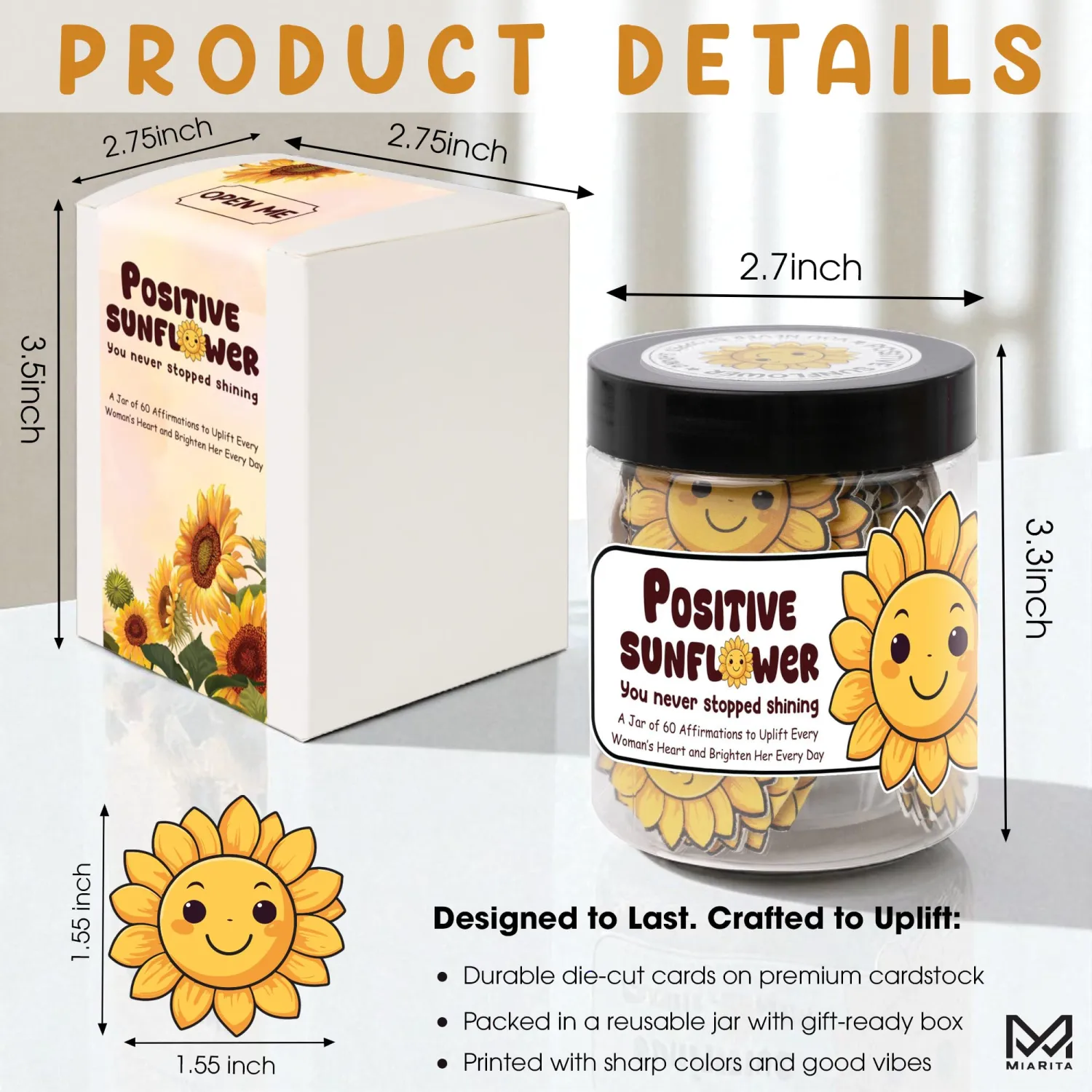 Positive Sunflower Jar, 60 Affirmation Cards for Women, Spiritual Gifts for Women, Wife, Mom, Friends, Sunflower Gift, Inspirational Gifts for Coworker, Boss, Relaxation Gifts