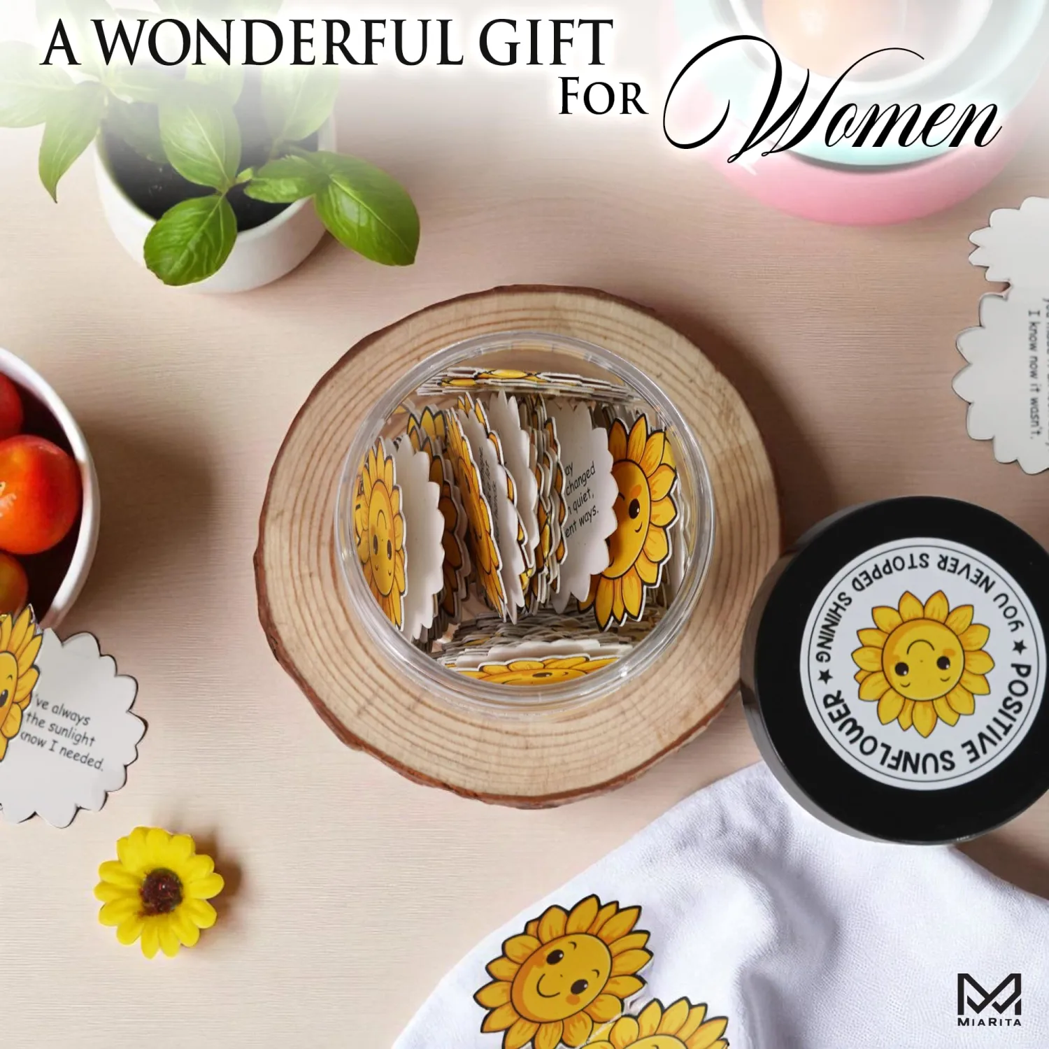 Positive Sunflower Jar, 60 Affirmation Cards for Women, Spiritual Gifts for Women, Wife, Mom, Friends, Sunflower Gift, Inspirational Gifts for Coworker, Boss, Relaxation Gifts