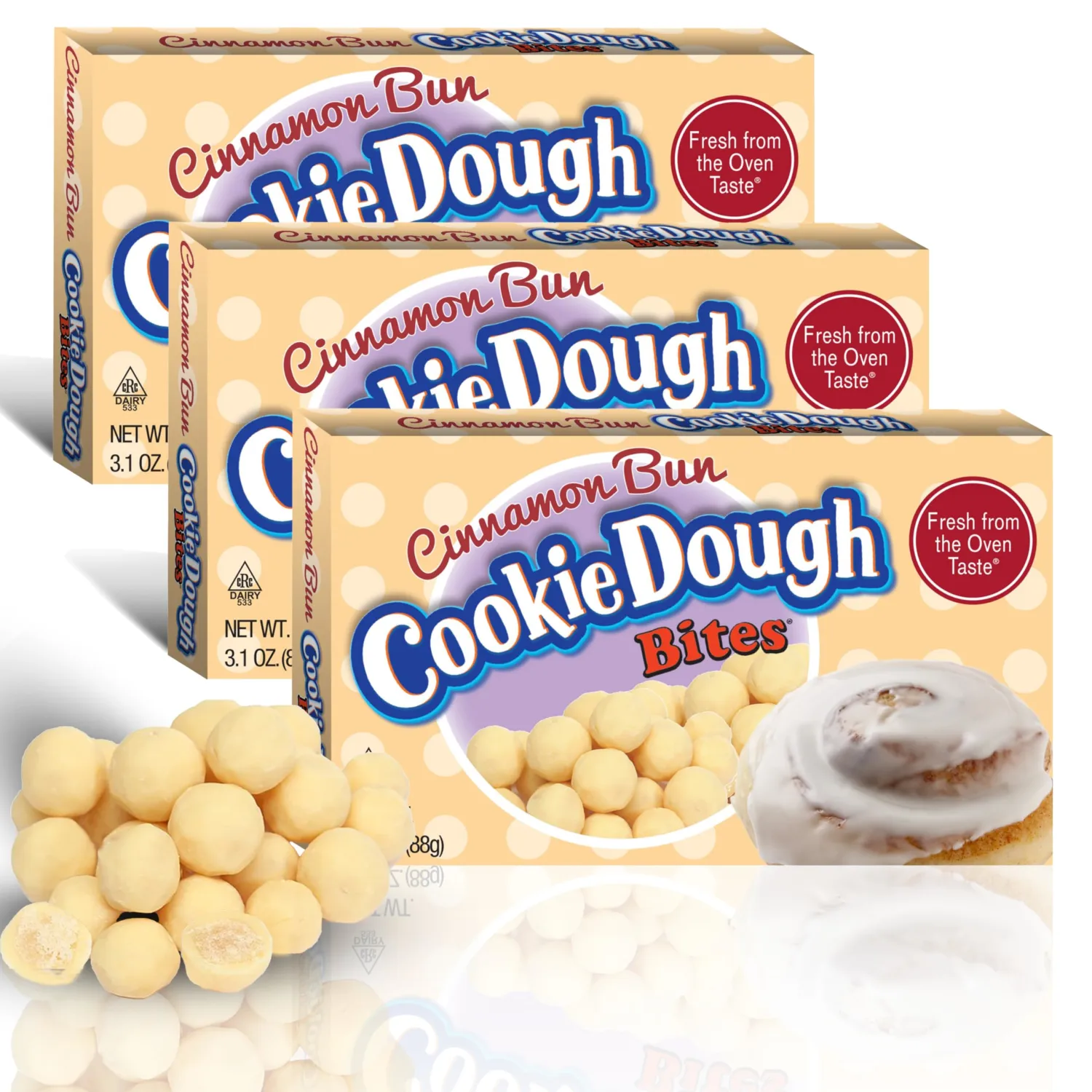 Cookie Dough Bites Cinnamon Bun Bites | 3.1 oz (Pack of 3) | The Original Edible Cookie Dough | Movie Theater Candy