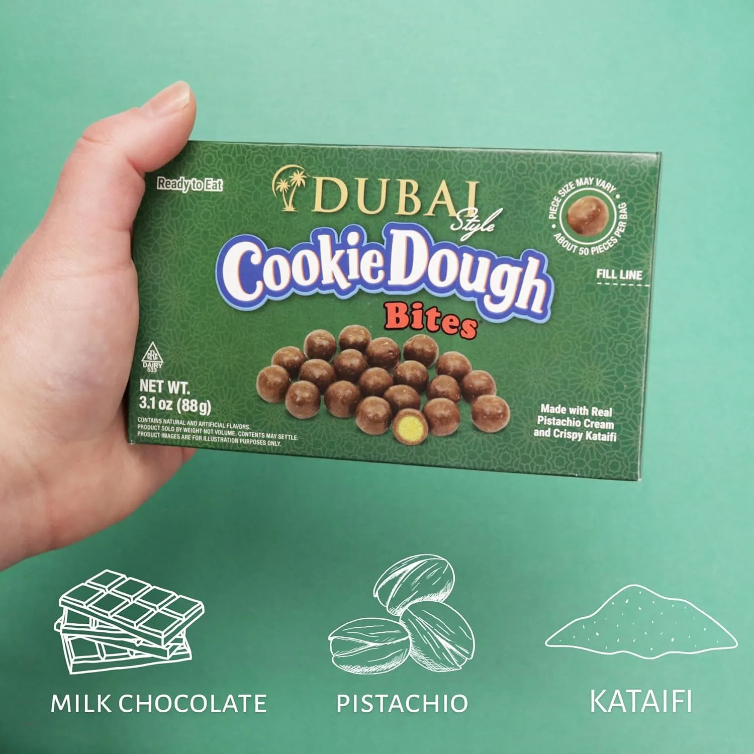 Cookie Dough Bites Dubai Style Flavored Candy | 3.1 oz (Pack of 3) | The Original Edible Cookie Dough | Movie Theater Candy