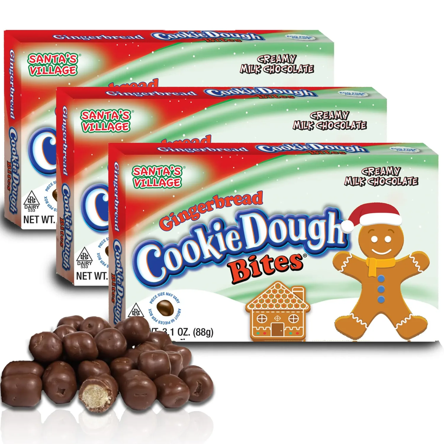 Cookie Dough Bites Christmas Gingerbread Flavored Candy | 3.1 oz (Pack of 3) | The Original Edible Cookie Dough | Movie Theater Candy