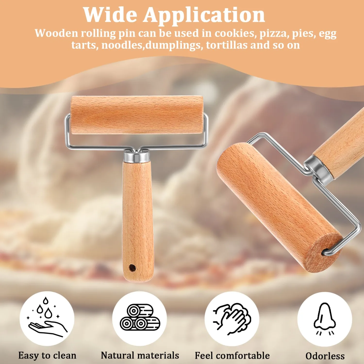 2 Pcs Baking Wooden Rolling Pins Non-Stick Baker Pastry Roller Set T-shape Pizza Dough Roller Pin for Tortilla Cookie Dumpling Home Kitchen Baking Cooking