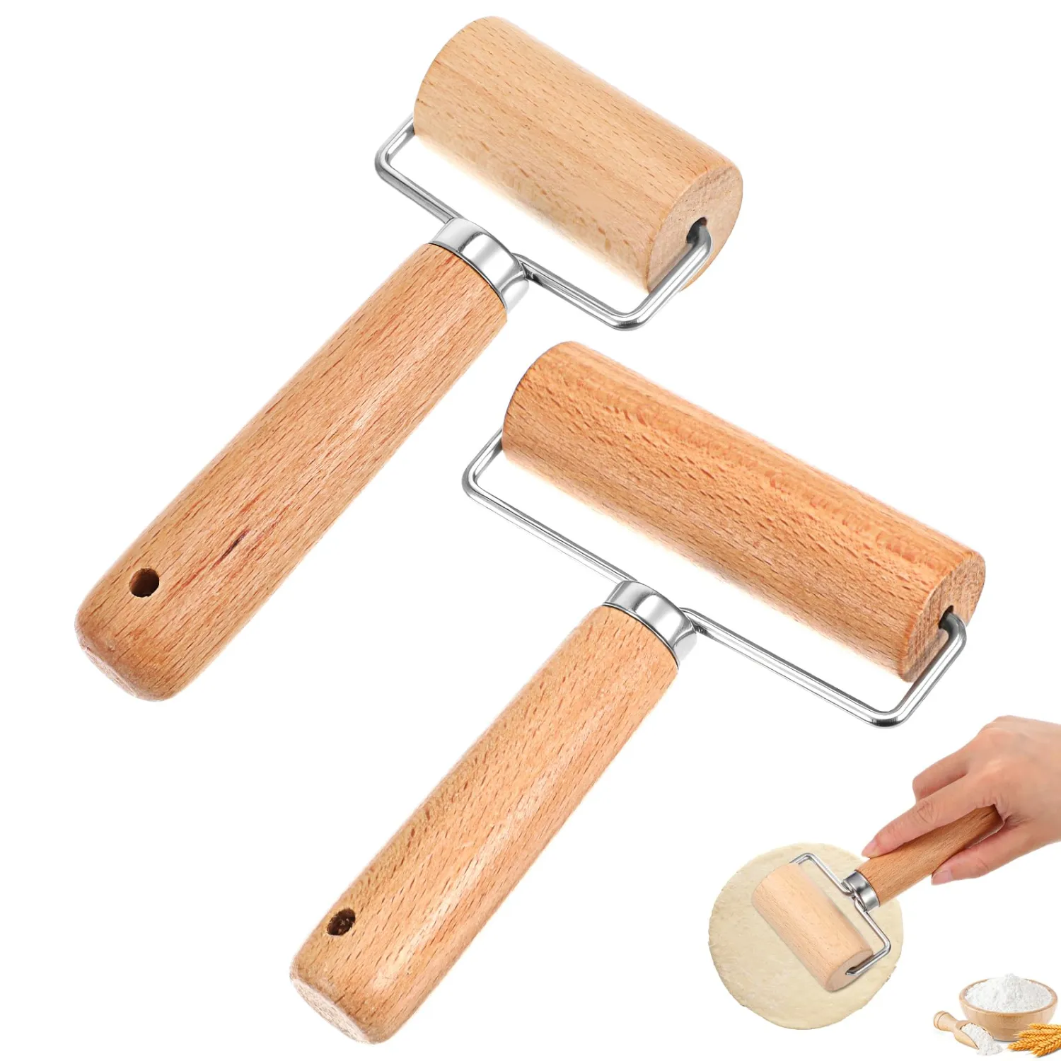2 Pcs Baking Wooden Rolling Pins Non-Stick Baker Pastry Roller Set T-shape Pizza Dough Roller Pin for Tortilla Cookie Dumpling Home Kitchen Baking Cooking