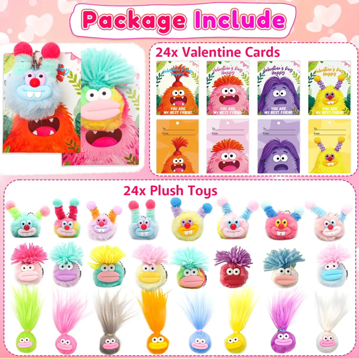 24 Pack Valentines Day Gifts for Kids - Plush Keychains Bulk with Valentines Cards for Girls Boys, Cute Mini Animal Stuffed Toys for Class Classroom Exchange and School Party Favors