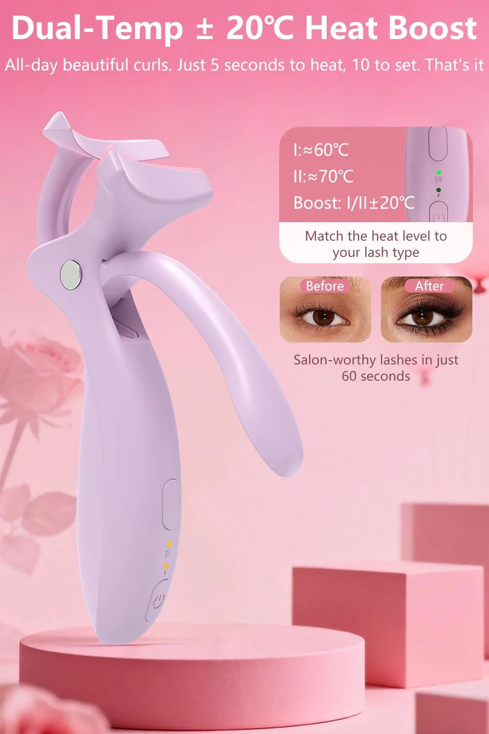 KOKABI Heated Eyelash Curler: Fast 10s Heat up, 24 Hours Long Lasting, Electric Lash Curler with Temperature Control, Safe Anti-Burn Eye Lash Curler, Quick Natural Curling Lashes (Purple)