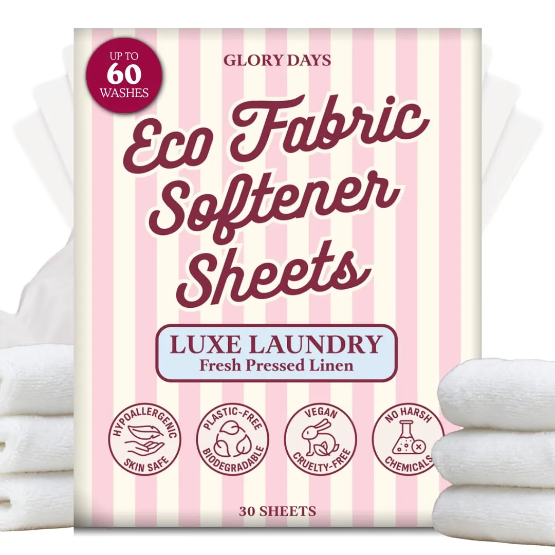 Fabric Softener Sheets for Washer | Natural Laundry Softener Sheets for Washer | Fresh Linen Scent | Plastic-Free, Hypoallergenic, Eco Friendly | 60 Loads