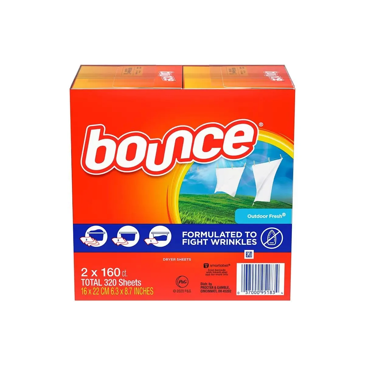 Bounce Fabric Softener Dryer Sheet Outdoor Fresh, 160 Sheets (Pack of 2)