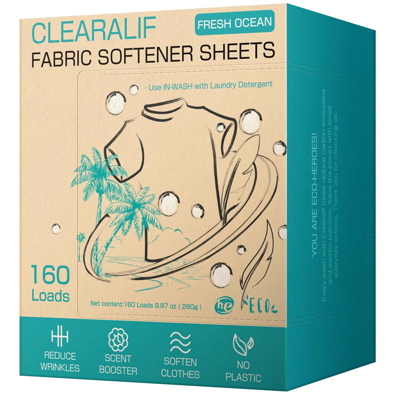 CLEARALIF laundry Fabric Softener Sheets, FRESH OCEAN Scent, 160 Loads, Eco Friendly, Great For Travel, Apartments, Dorms.