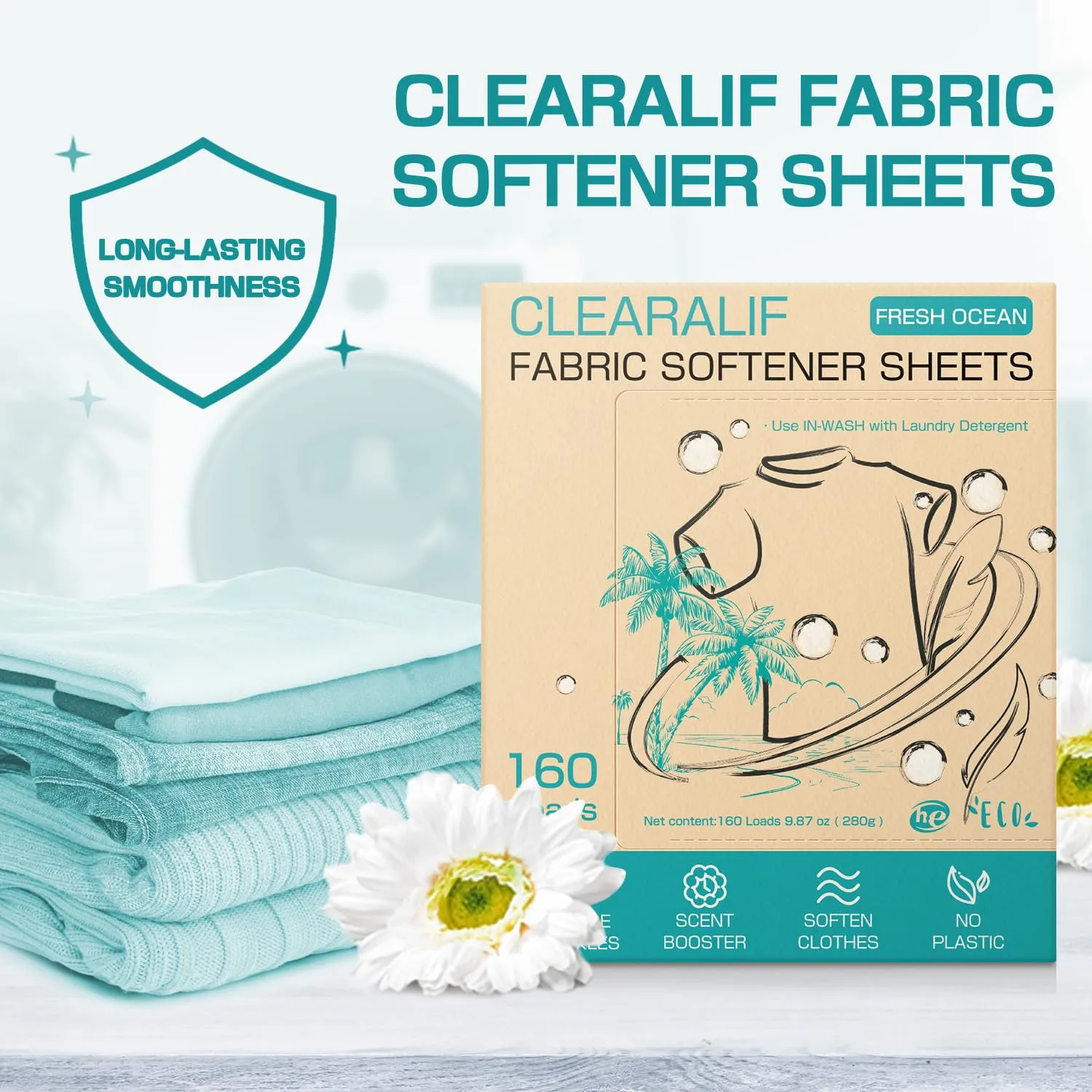 CLEARALIF laundry Fabric Softener Sheets, FRESH OCEAN Scent, 160 Loads, Eco Friendly, Great For Travel, Apartments, Dorms.