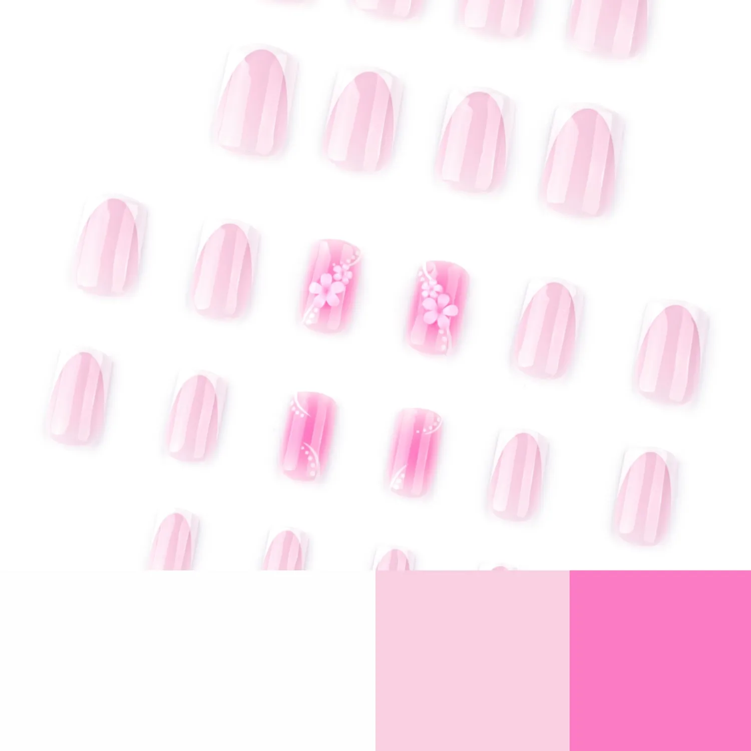 Pink Flower Press on Nails Medium Square Fake Nails White French Tip Acrylic False Nails with Spring Floral Designs Glue on Nail Glossy Artificial Nails Full Cover Stick on Nail for Women 24Pcs