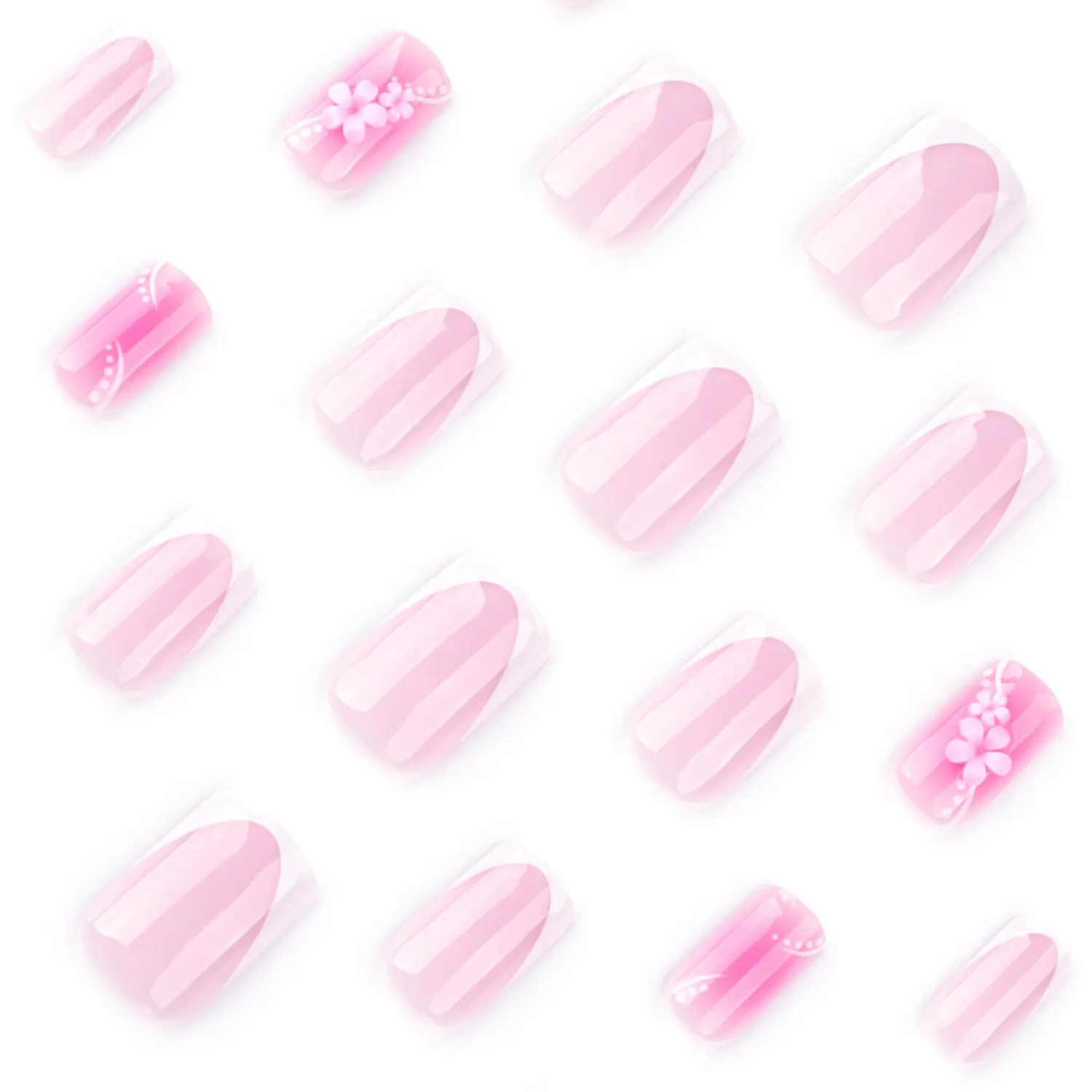 Pink Flower Press on Nails Medium Square Fake Nails White French Tip Acrylic False Nails with Spring Floral Designs Glue on Nail Glossy Artificial Nails Full Cover Stick on Nail for Women 24Pcs