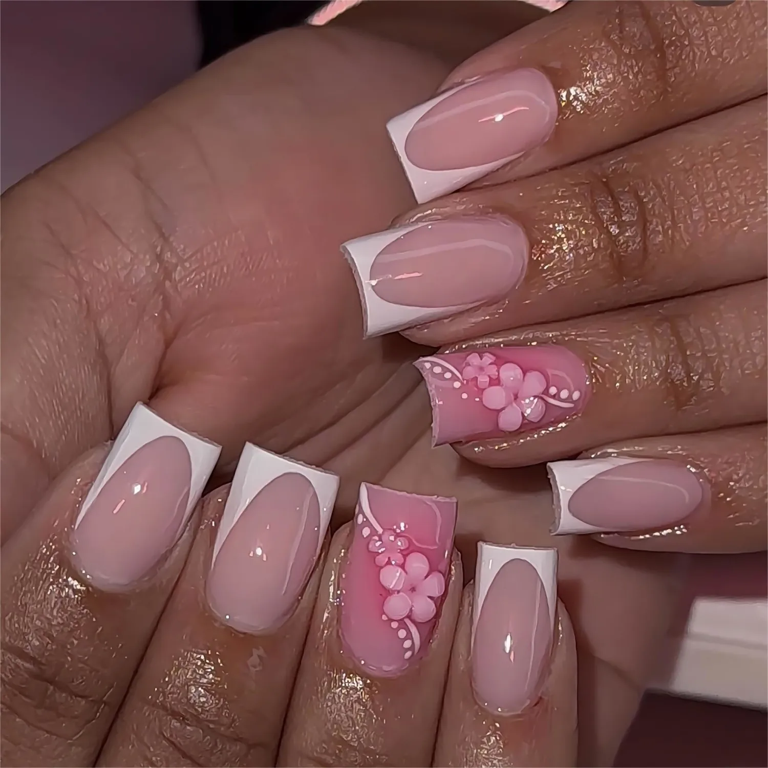 Pink Flower Press on Nails Medium Square Fake Nails White French Tip Acrylic False Nails with Spring Floral Designs Glue on Nail Glossy Artificial Nails Full Cover Stick on Nail for Women 24Pcs