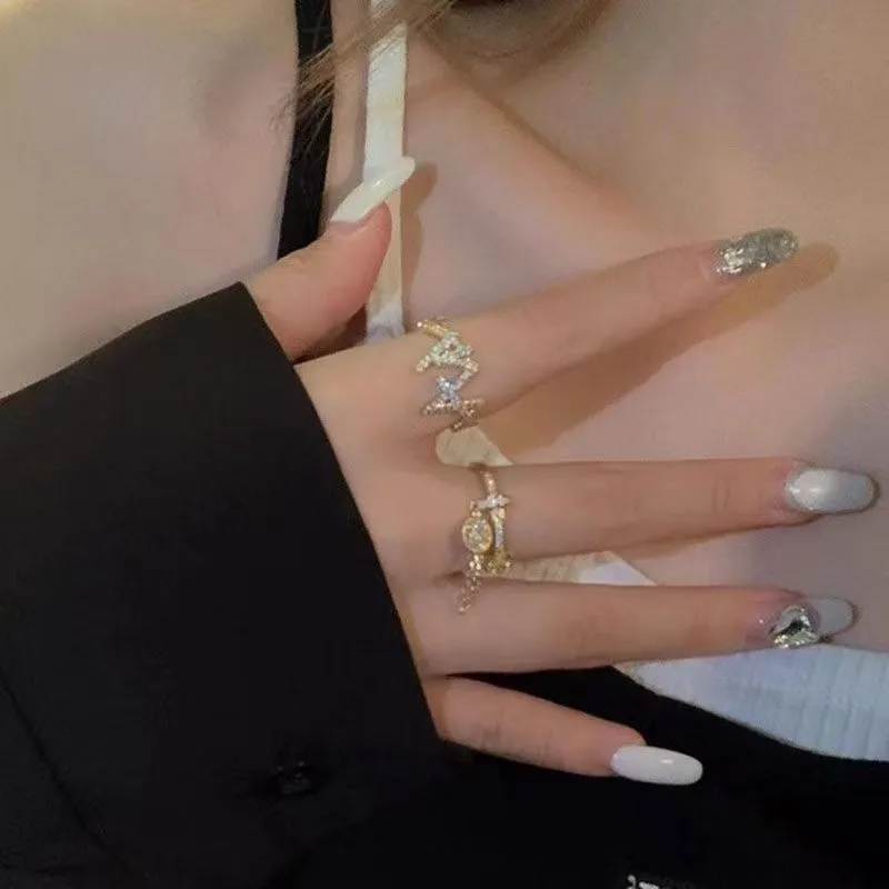 2pc Heart & Star Ring For Women, Fashion Light Luxury, Niche Unique INS Style, Trendy Open High-End Index Finger Ring