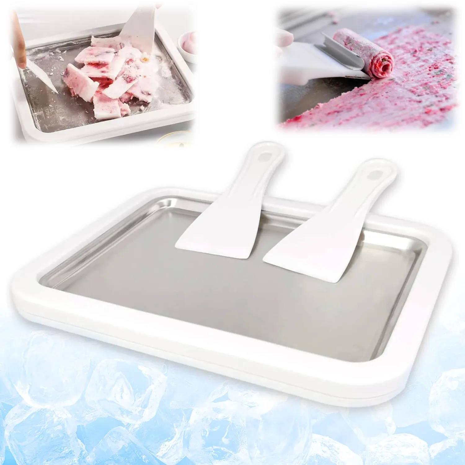 At-Home Rolled Ice Cream Maker Kit(White),DIY Homemade Ice Cream tray,Instant Freeze Plate with 2 Scrapers,Yogurt, Sorbet, Fun Family Activity for Kids, Food-Grade Stainless Steel