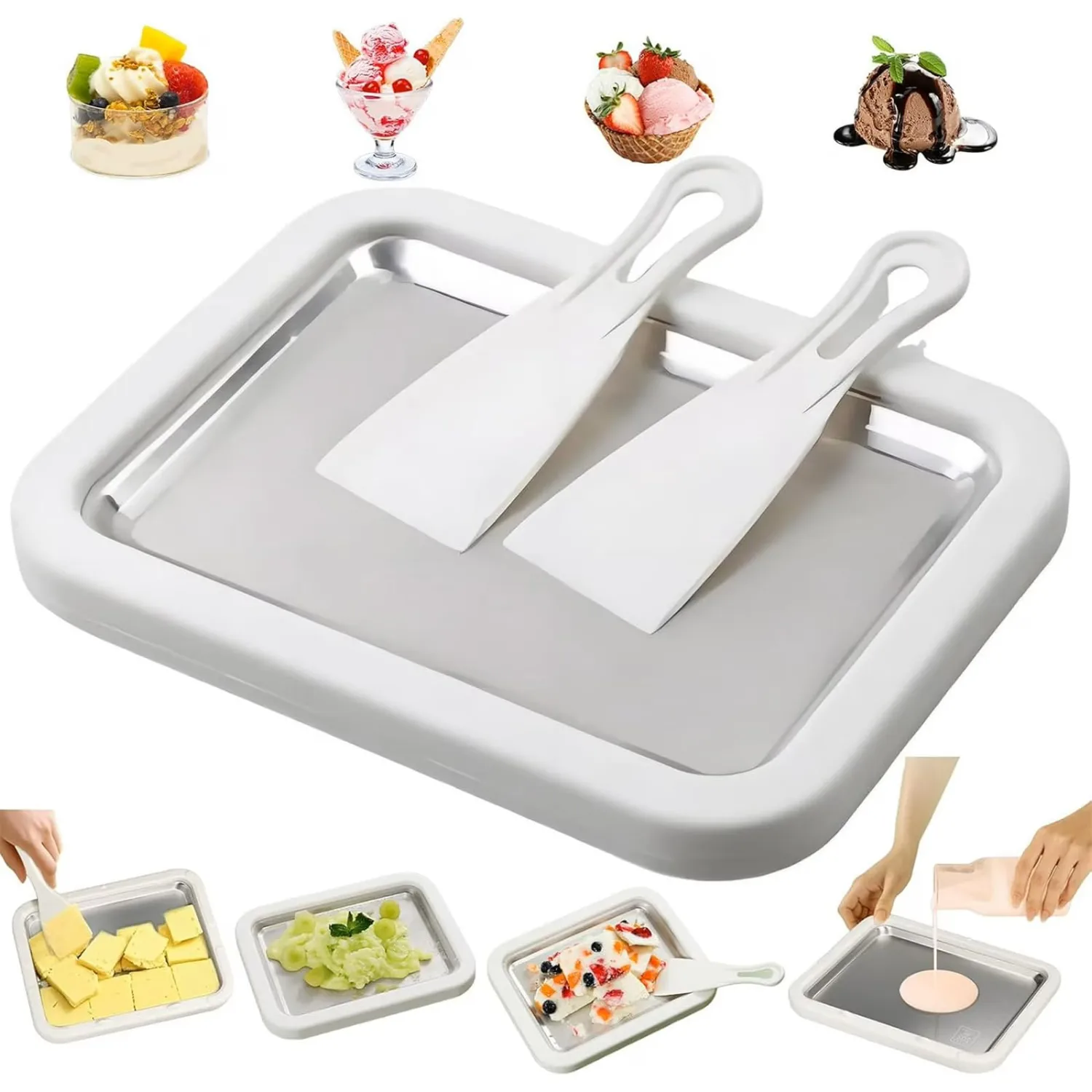 Rolled Ice Cream Maker, At-Home Rolled Ice Cream Maker Kit, Instant Freeze Plate with 2 Scrapers, DIY Homemade Ice Cream tray, Yogurt, Sorbet, Fun Family Activity for Kids, Food-Grade Stainless Steel