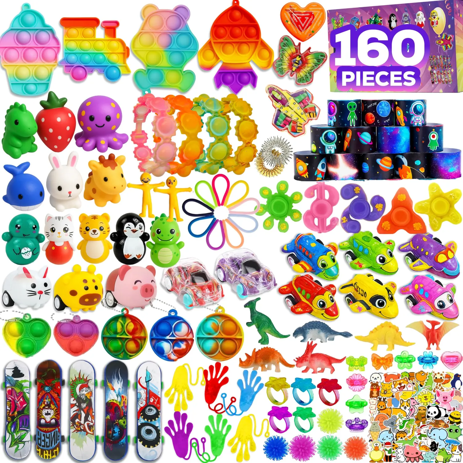 160 Pcs Fidget Toys Party Favors Pack, Randomly Selected Pop Sensory Set Gifts Stickers for Kids Adults Boy Girl Stocking Stuffers Autistic Bulk Goodie Bag Filler Treasure Box Classroom Prizes School