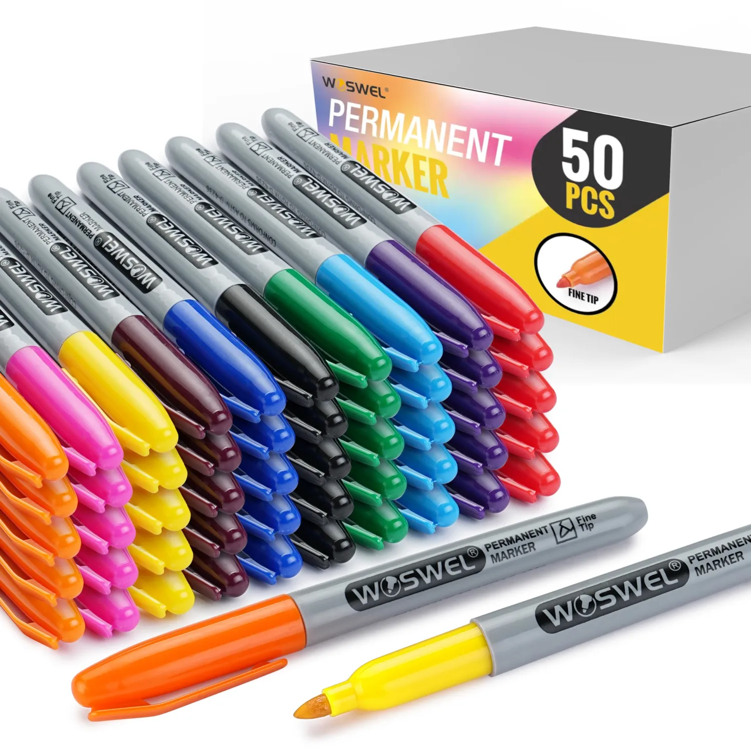 Permanent Markers Bulk, 50 Pack,10 Assorted Colors Permanent Marker, Fine Tip, Waterproof, Quick Drying, Smooth Writing, Used on Glass Metal Stone Paper Most Surfaces, Office School Supplies