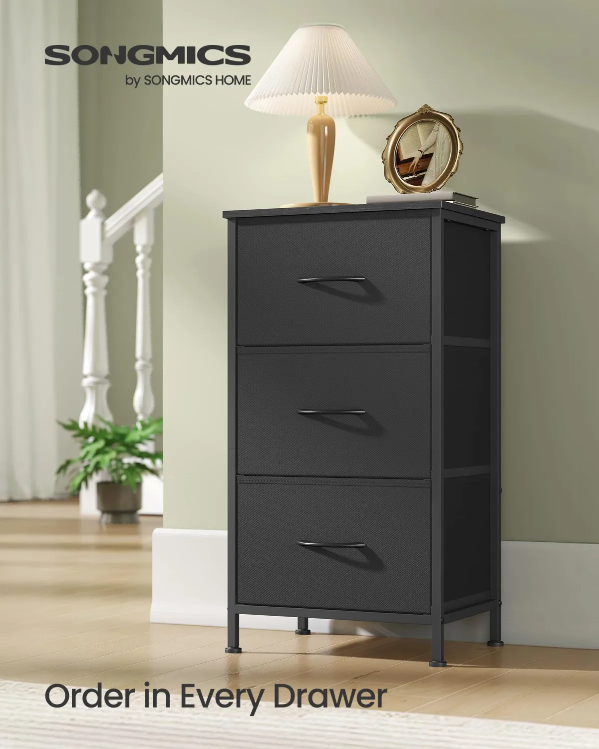 SONGMICS Dresser for Bedroom, Chest of Drawers, Steel, MDF, 3 Non-Woven Fabric Drawers, Storage Organizer Unit, Closet, Entryway, Ink Black and Ebony Black ULGS313B01S