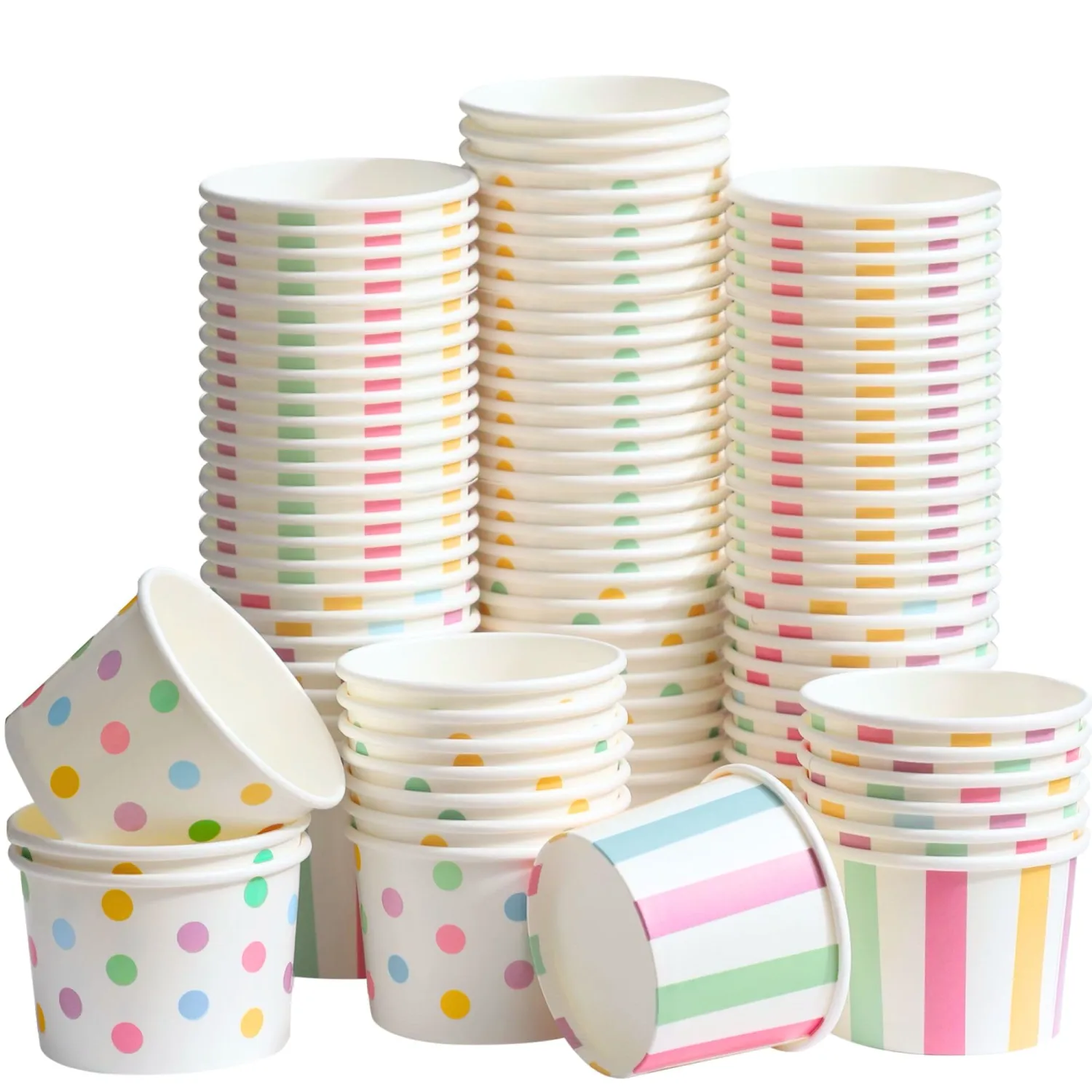 Winoo Design Small Ice Cream Cups Disposable - 50 PK - Paper Ice Cream Cups 4 oz Mini Sundae Bowls Treat Cups Containers (2 Assorted Designs 4oz Cups)