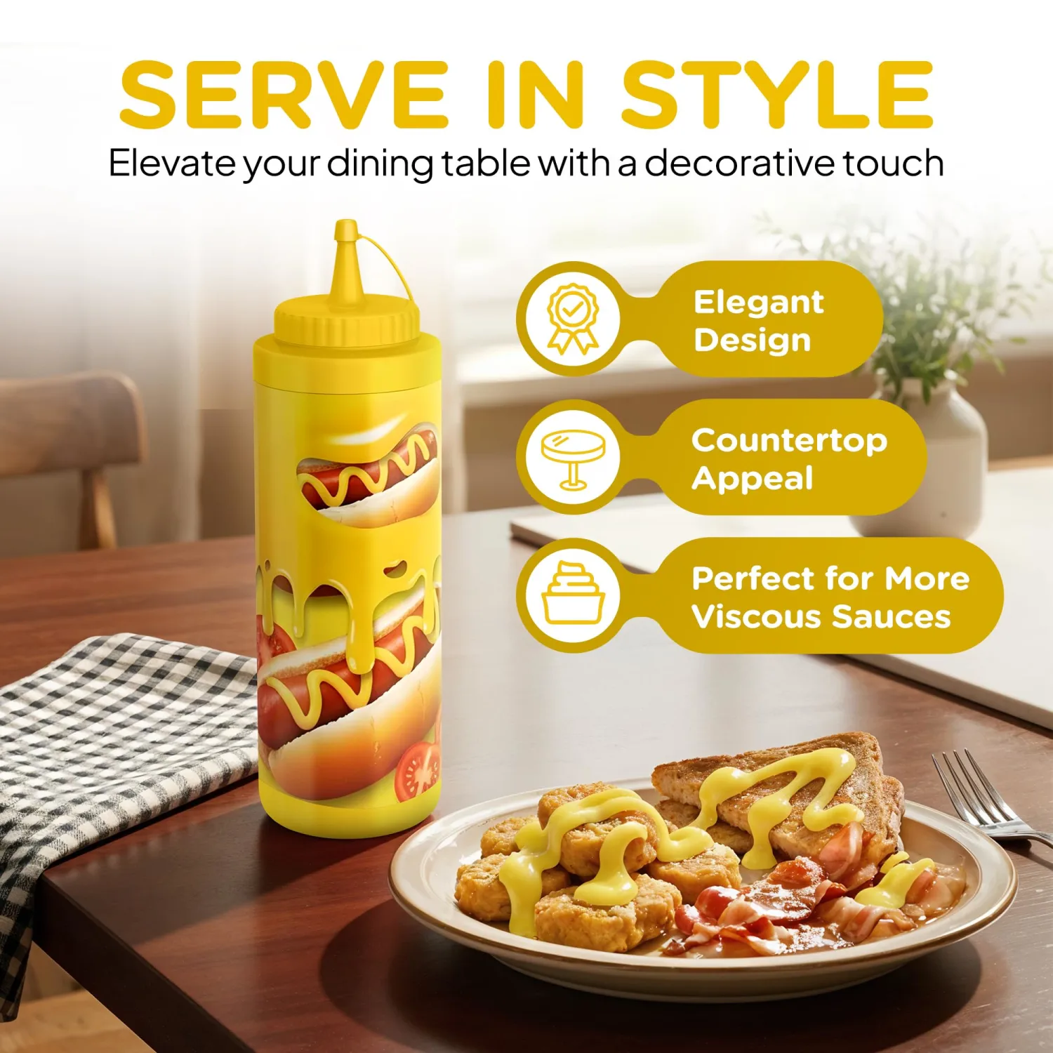 COMPAC HOME Decorated Sauce Dispenser, 12 oz, Yellow (Yellow, 1, Count)