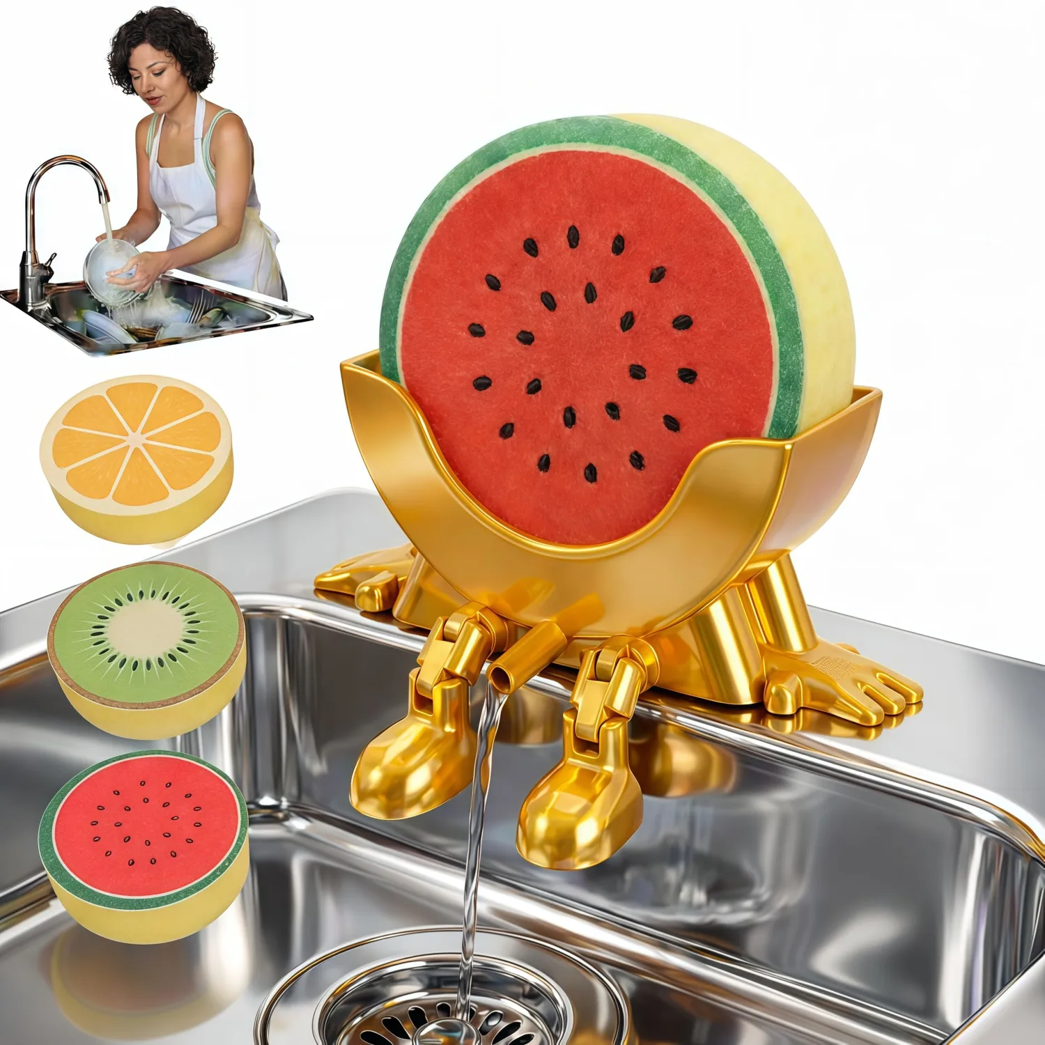 Funny Draining Sponge Holder with 3 Cute Fruit Sponges(Watermelon, Orange, Kiwi), 3D Printed Sink Caddy Rack with Drainage, Scrub Sponge Stand & Kitchen Countertop Organizer, Gag Gift for Home(Golden)
