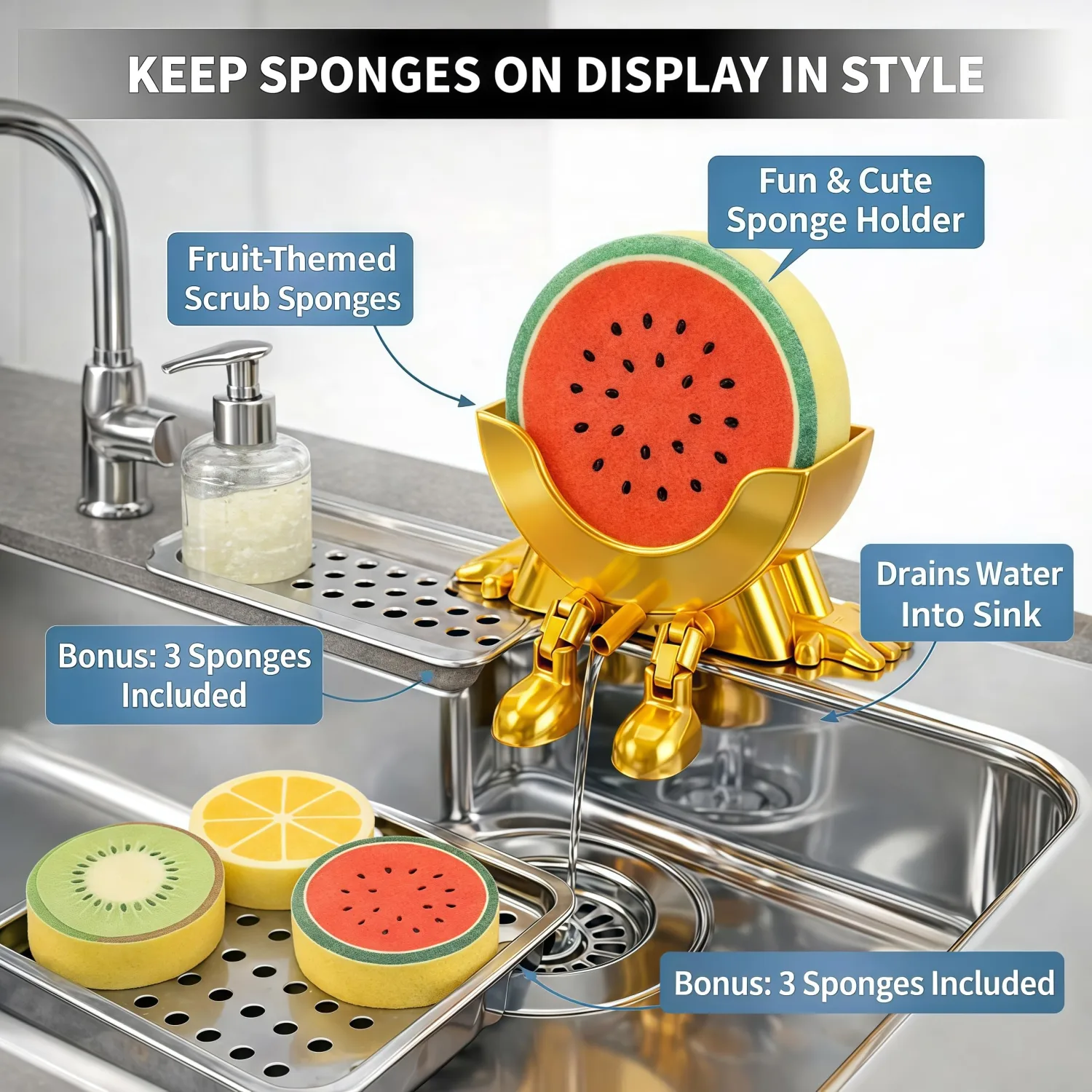 Funny Draining Sponge Holder with 3 Cute Fruit Sponges(Watermelon, Orange, Kiwi), 3D Printed Sink Caddy Rack with Drainage, Scrub Sponge Stand & Kitchen Countertop Organizer, Gag Gift for Home(Golden)