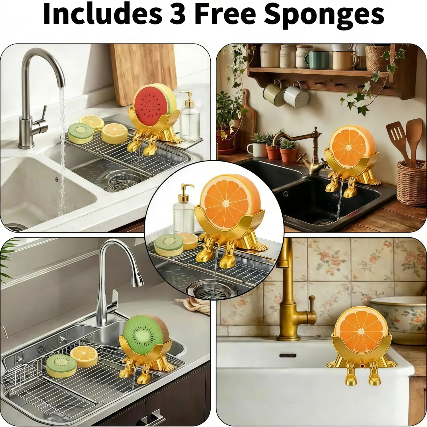 Funny Draining Sponge Holder with 3 Cute Fruit Sponges(Watermelon, Orange, Kiwi), 3D Printed Sink Caddy Rack with Drainage, Scrub Sponge Stand & Kitchen Countertop Organizer, Gag Gift for Home(Golden)