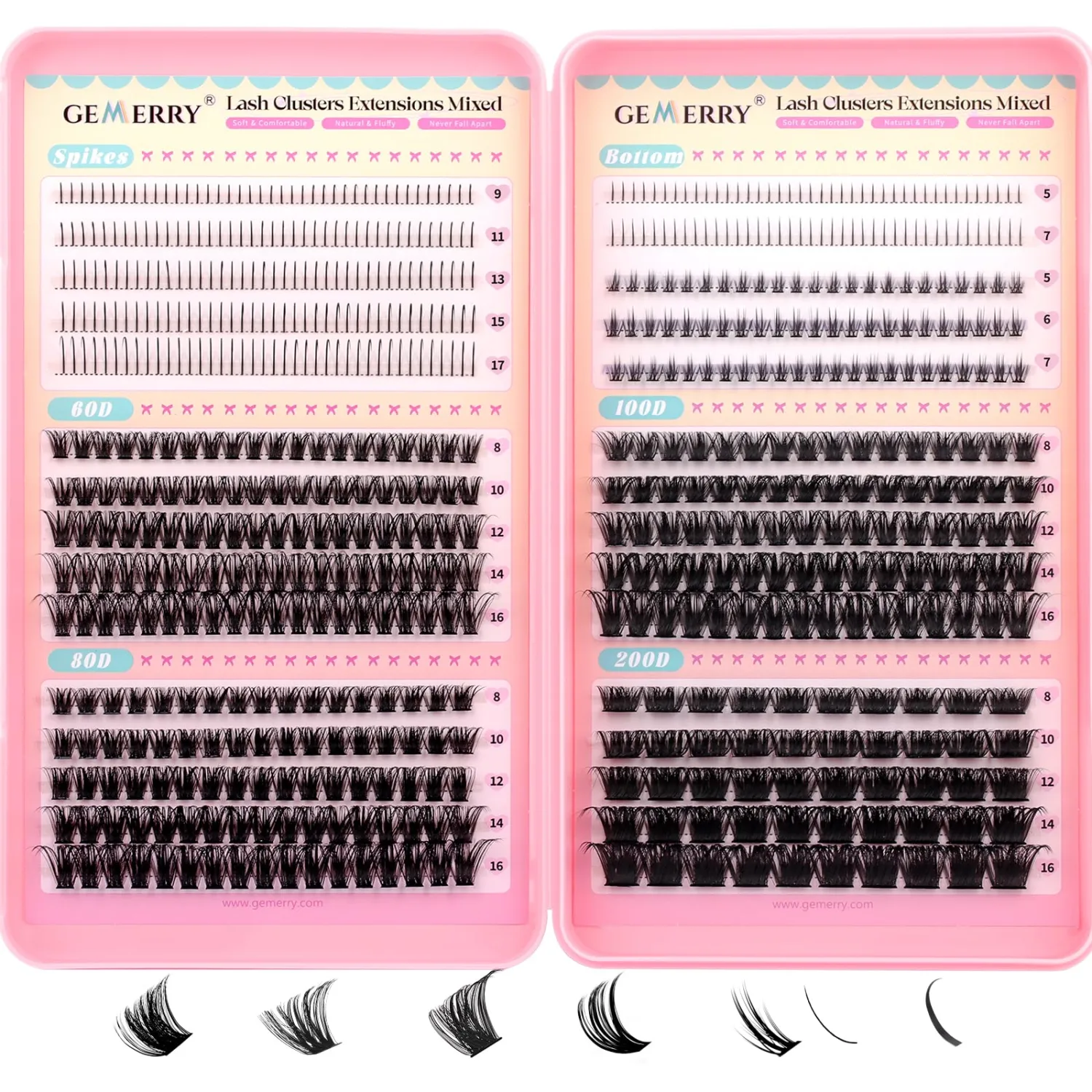 GEMERRY 4-in-1 Lash Clusters Spikes Clusters and 2 Styles Bottom Lashes 60D/80D/100D/200D Cluster Eyelash Extensions for DIY at Home(8-16mm)