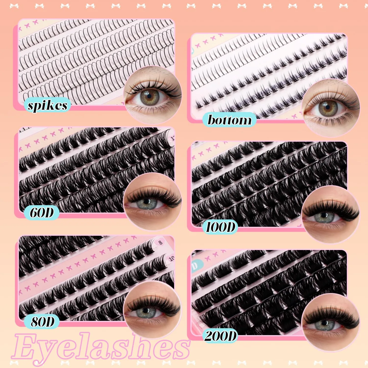 GEMERRY 4-in-1 Lash Clusters Spikes Clusters and 2 Styles Bottom Lashes 60D/80D/100D/200D Cluster Eyelash Extensions for DIY at Home(8-16mm)