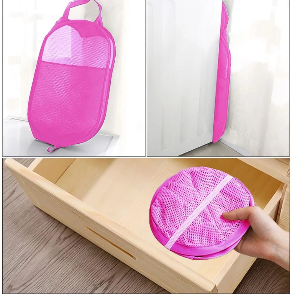 Larpur Popup Laundry Basket, Collapsible Portable Mesh Clothes Washing Laundry Hamper with Reinforced Carry Handles (Pink)