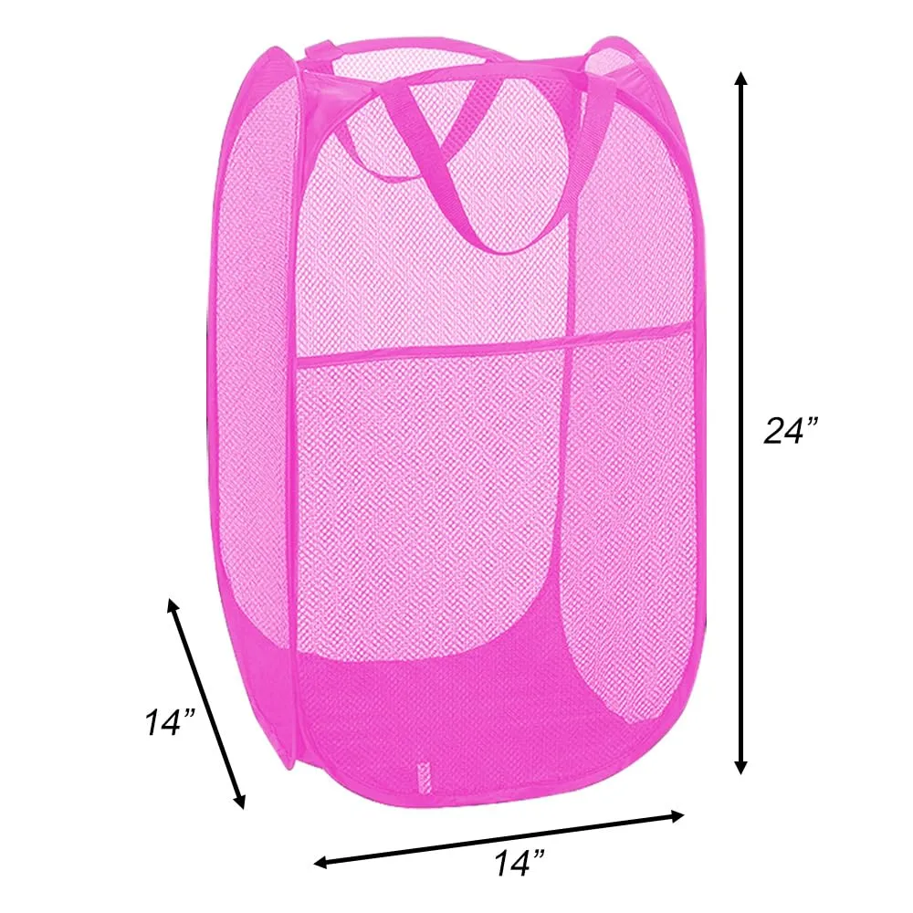 Larpur Popup Laundry Basket, Collapsible Portable Mesh Clothes Washing Laundry Hamper with Reinforced Carry Handles (Pink)