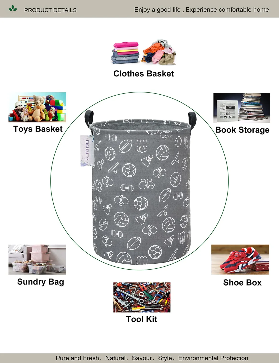 Round Waterproof Laundry Basket、Foldable Storage Basket、Laundry Hampers with Handle、Gift Basket,Suitable for Children's Room and Toy Storage (Grey Sports Ball)
