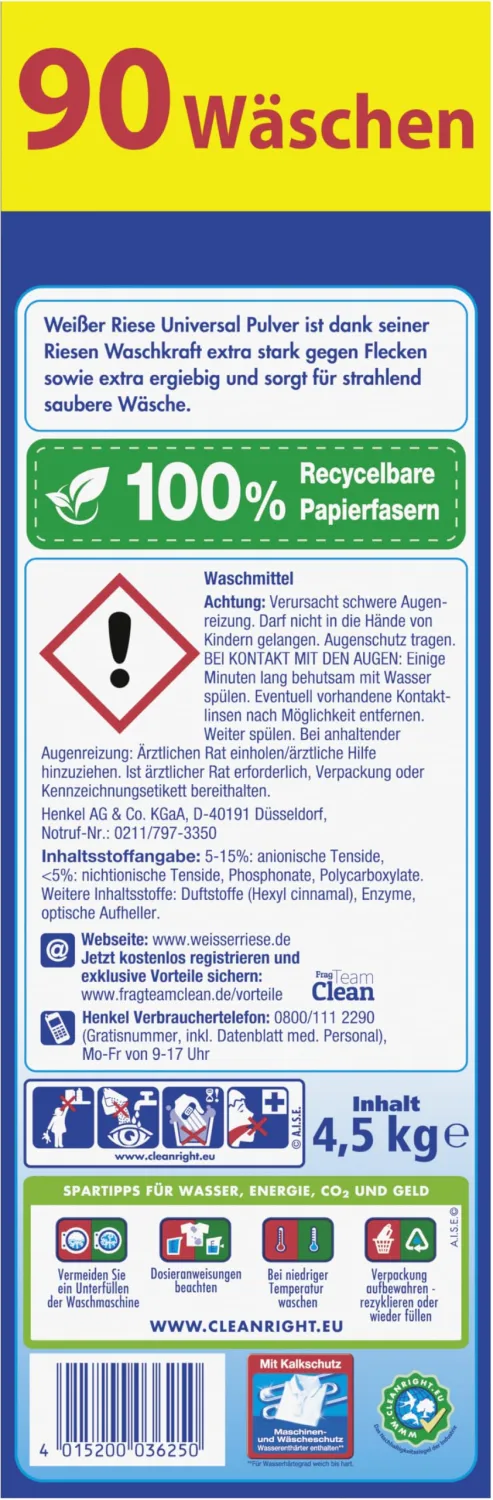 Weißer Riese Universal Powder (90 Washes), Full Detergent with Huge Washing Power from 20 °C, Huge Economical Washing Powder, Ideal for Families with Children