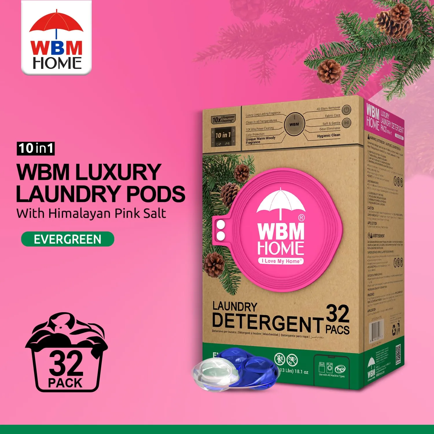 WBM Laundry Detergent Pods - Ultra-Concentrated, Hypoallergenic, Stain-Fighting, Evergreen Scent, 32-Pack, Recyclable Packaging for Eco-Friendly Cleaning