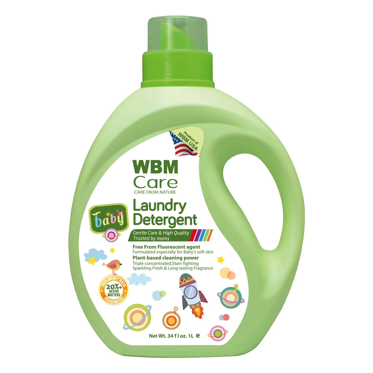 WBM Plant-Based Laundry Detergent Liquid – 34 fl oz, 50 loads total. Eco-friendly formula for powerful cleaning, gentle on fabrics, and safe for the environment