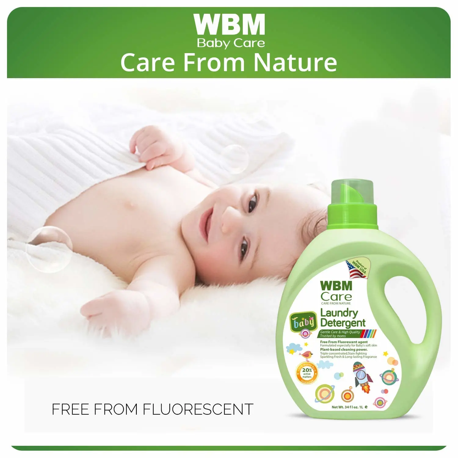WBM Plant-Based Laundry Detergent Liquid – 34 fl oz, 50 loads total. Eco-friendly formula for powerful cleaning, gentle on fabrics, and safe for the environment