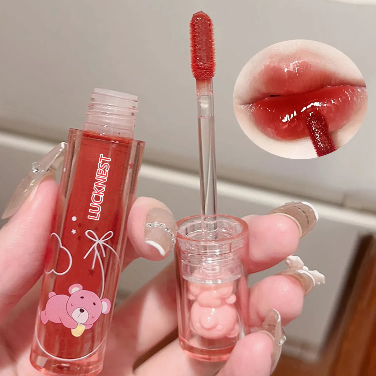 6Pcs Bear Lip Glaze Jelly Lipstick, Liquid Lipstick Cute Bear Lipgloss Moisturizing Lip Stain Plumping Water Lip Gloss Waterproof Long Lasting Cheek Rouge Tint Cosmetics Beauty Makeup