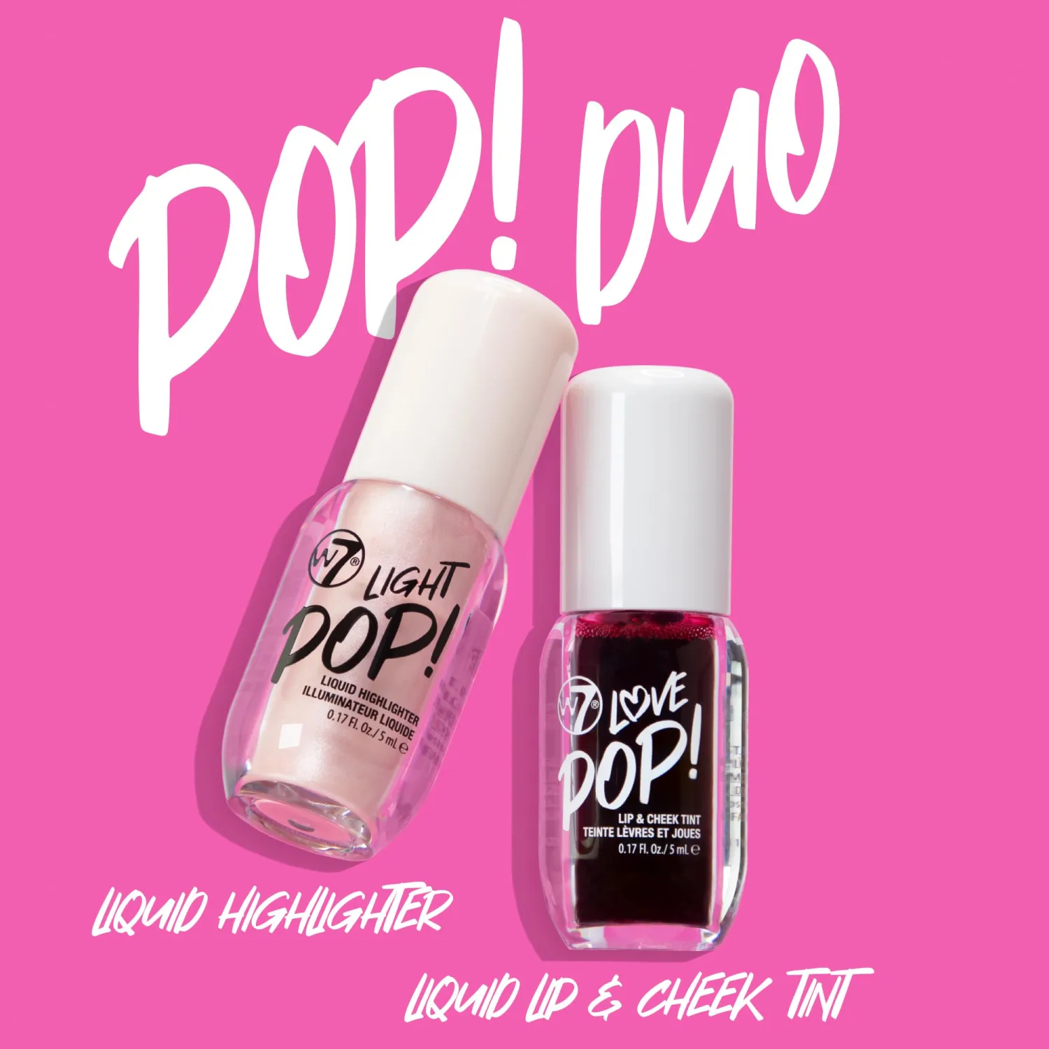 W7 Pop Duo Makeup Set - Love Pop Lip & Cheek Tint + Light Pop Liquid Highlighter - Buildable Colour, Juicy Tint & Glow