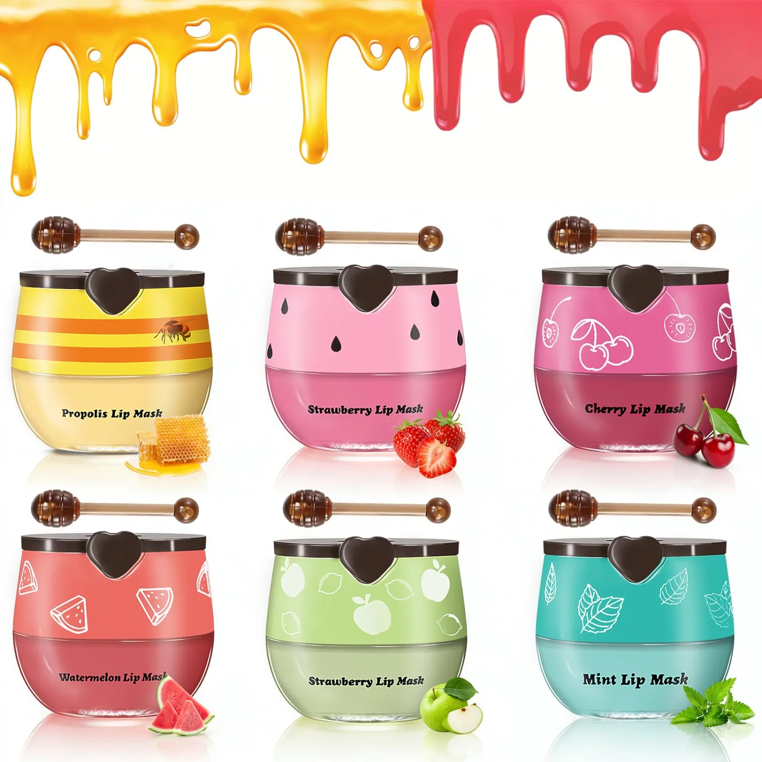 6 Pcs Bee Lip Balm Honey Pot-Honey, Strawberries, Watermelon, Apples, Cherries, Mint, Propolis Lip Mask Overnight, Nourishing Hydrating Lip Balm, Preventing Dry & Cracked Lips, Reduce Lip Lines