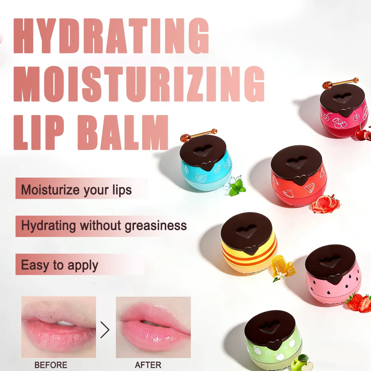 6 Pcs Bee Lip Balm Honey Pot-Honey, Strawberries, Watermelon, Apples, Cherries, Mint, Propolis Lip Mask Overnight, Nourishing Hydrating Lip Balm, Preventing Dry & Cracked Lips, Reduce Lip Lines