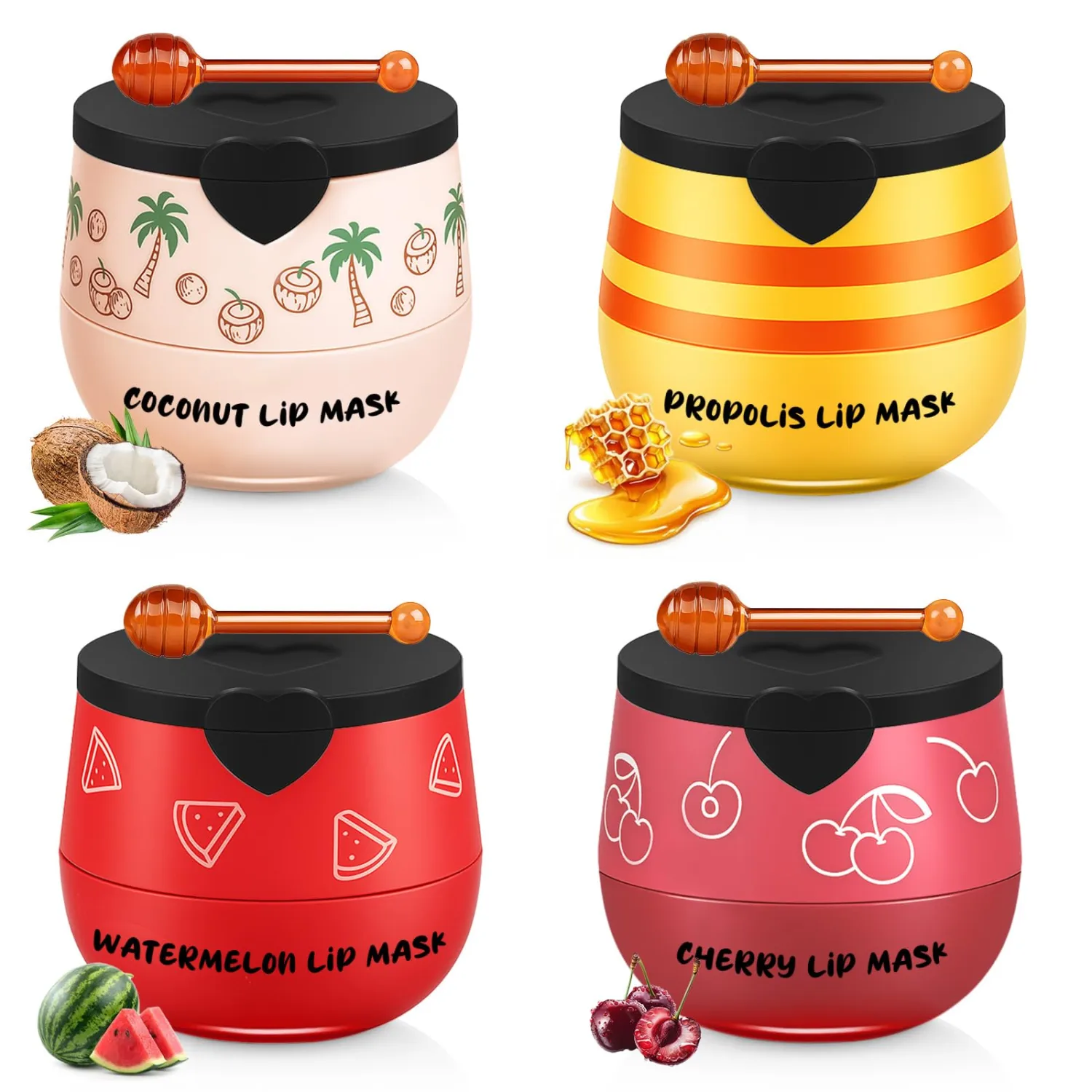 4PCS Bee Lip Balm Honey Pot Cherry Watermelon Coconut Honey Lip Balm, Moisturizing Sleeping Lip Mask Overnight, Prevention Dry and Cracked Lips