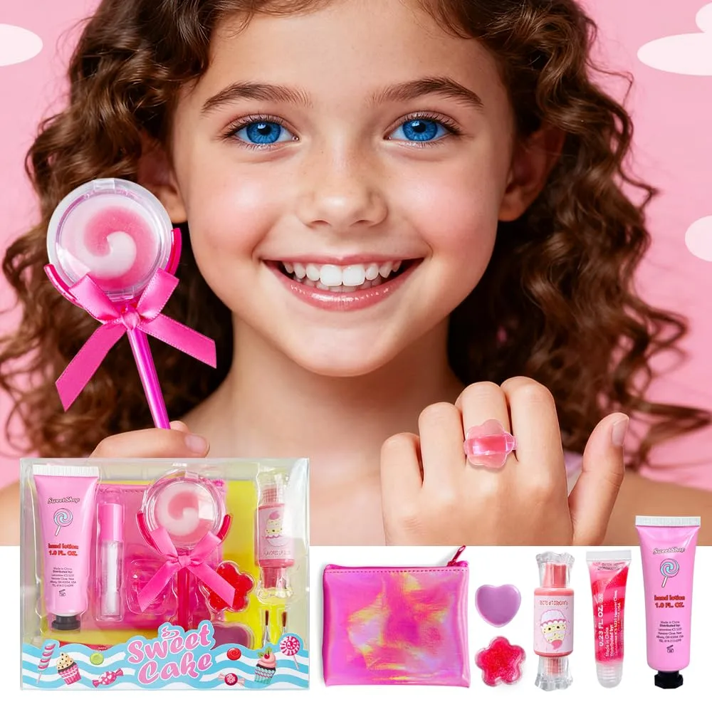 M&U MAKE YOU UP Lip Gloss Set for Girls, 11Pcs Lip Care Set with Ice Cream and Lollipop Shaped Lip Glosses