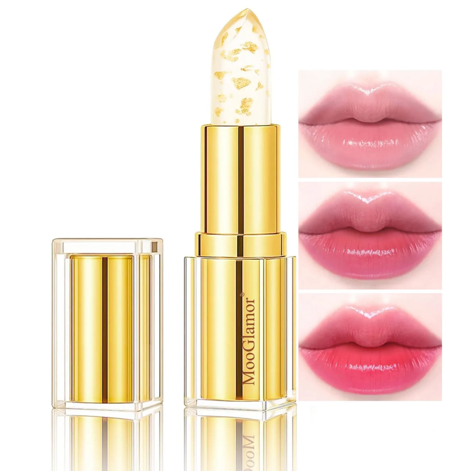 Clear Lipstick Color Changing Gold Foil Lipsticks with Transferproof and Retractable Pink Moisturizing Jelly Lip Stick for Women and Gift (1 Pcs) | Clear Lipstick, Color Changing, Gold Foil Lipsticks
