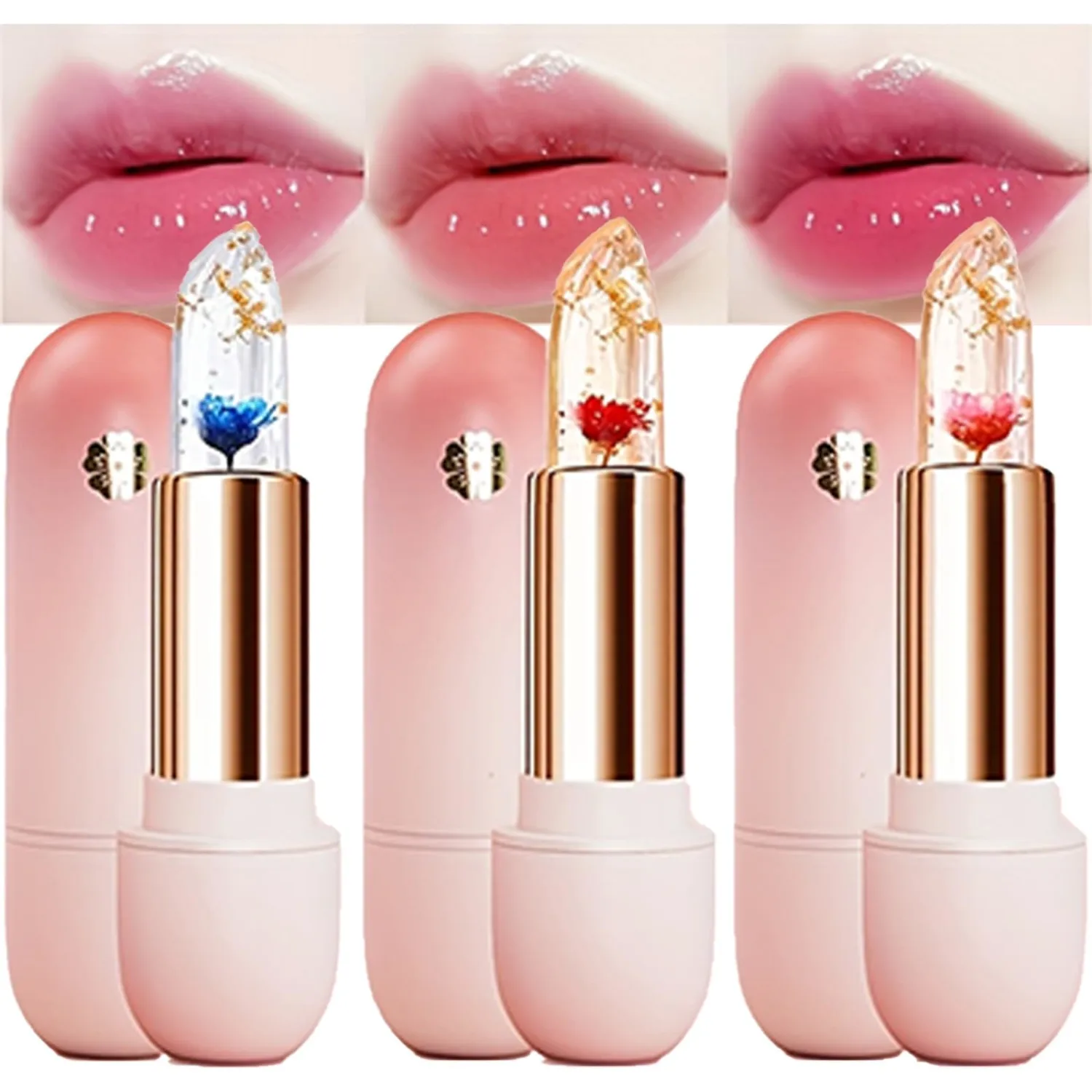3 Pcs Flower Lipsticks Clear Jelly Lip Tint Set with Temperature Change Color and Moisturizing Lip Gloss for Women Gift