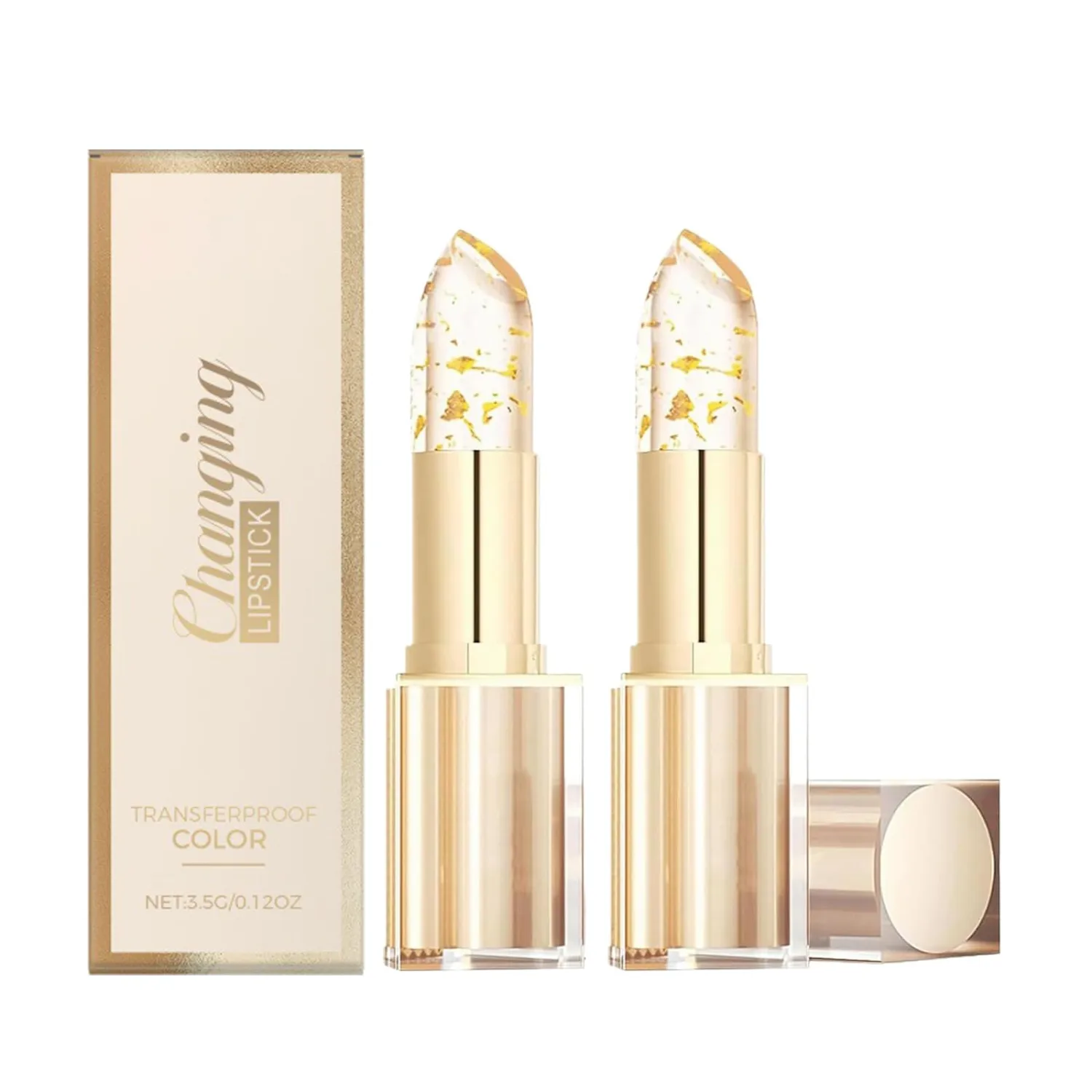 Sulily 2Pcs Transferproof Color Changing Lipstick, Gold Crystal pH Color-Changing Lipstick 24 Hours Long Lasting & Moisturizing Lip Gloss, Clear Lip stick for Women, Birthday Galentines Day Gifts