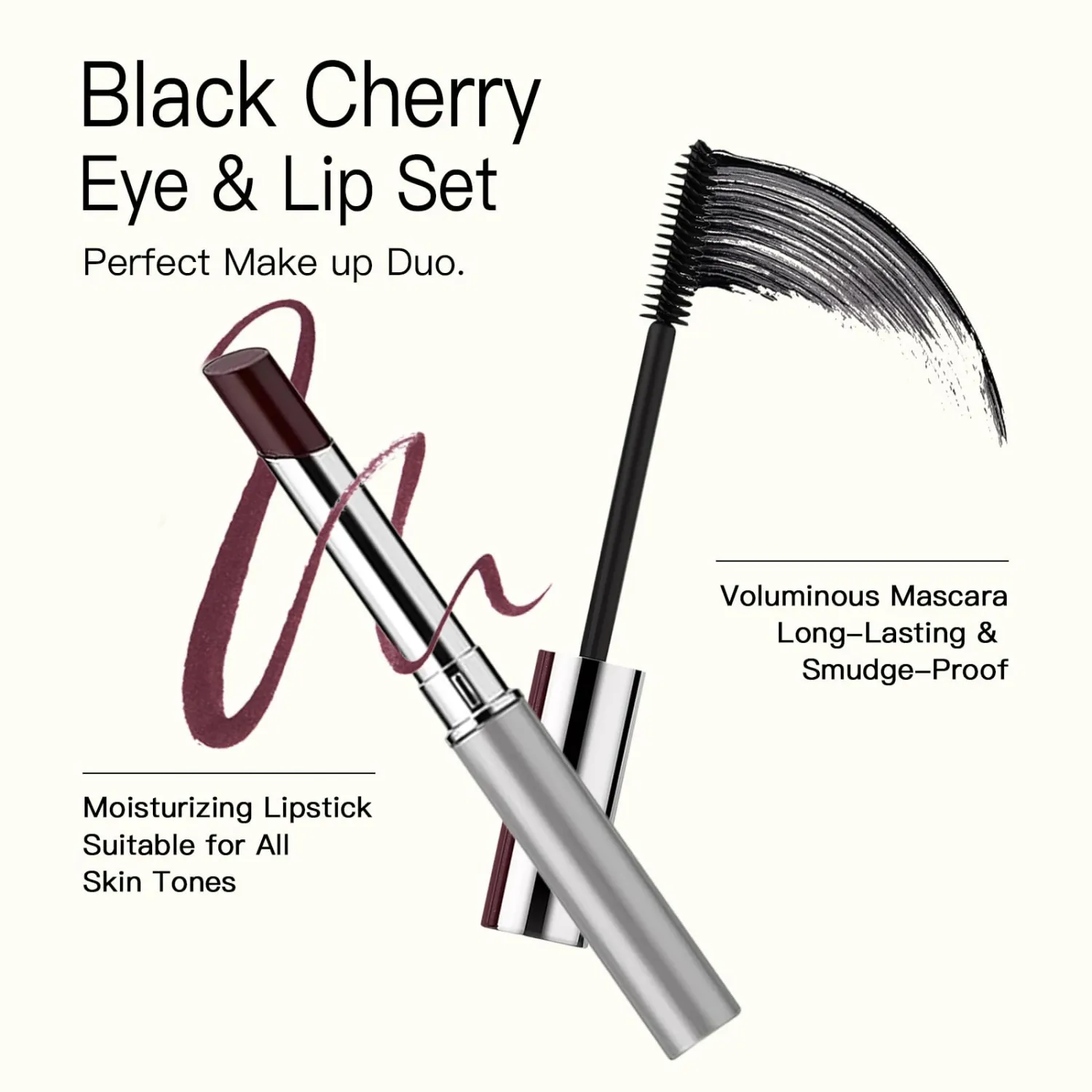 Sheer Black Cherry Lipstick & Mascara Set – Hydrating Tinted Lip Balm & Volumizing Black Eyelash Makeup Kit – Natural Berry Shade for All Skin Tones